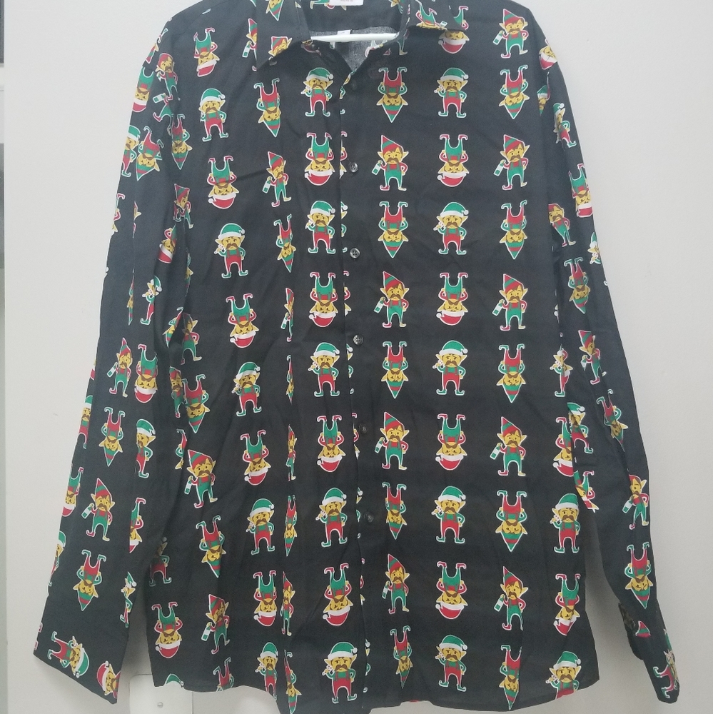 North Pole Trading Co Christmas Elf Black Long Sleeve Button Down Shirt Men'sXXL